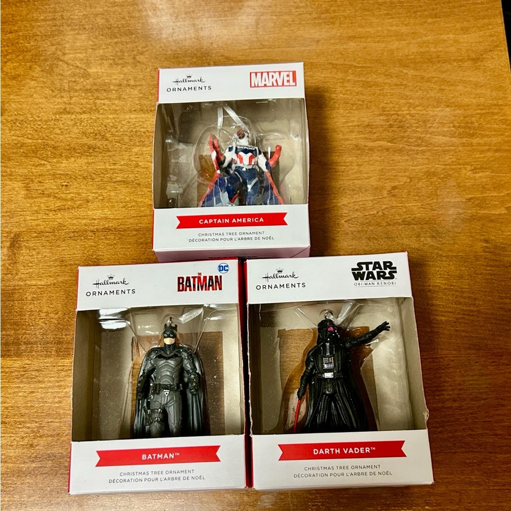 New Hallmark Christmas Tree Ornaments, Darth Vader, Batman, and Captain America.